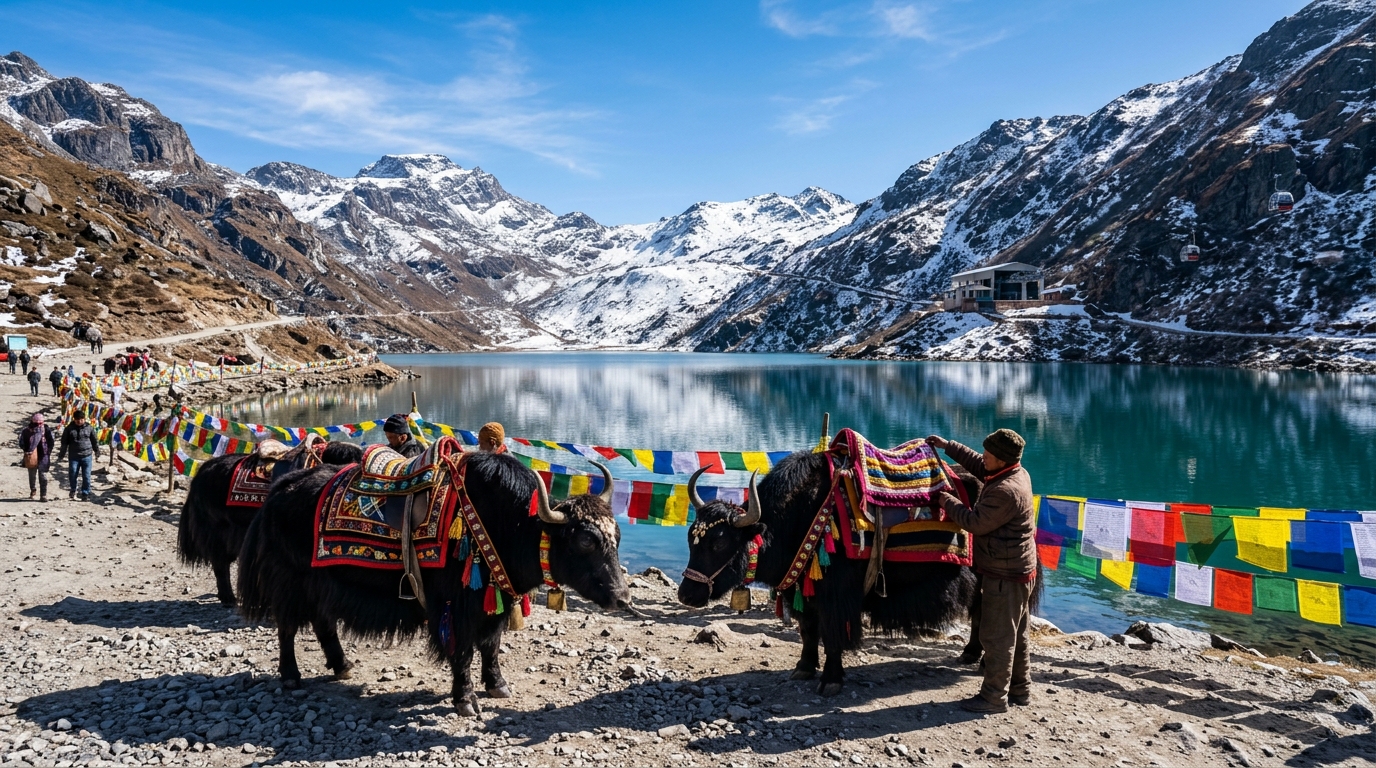 Tsomgo Glacial Lake with Tibetan Yaks and Prayer Flags